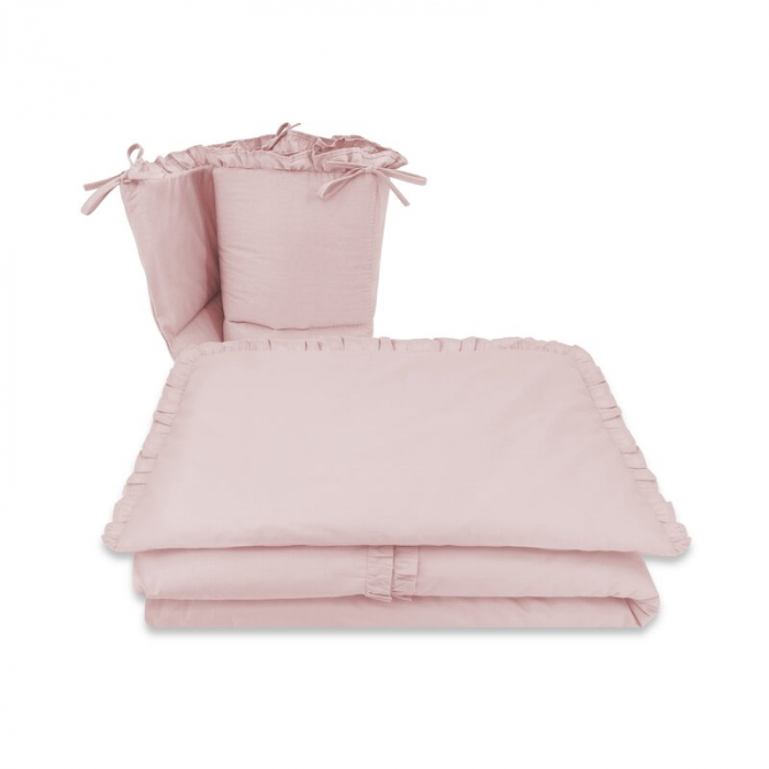 Lenjerie patut cu 6 piese, MimiNu, Pentru patut 120x60 cm, Cu volanase, Cu pilota si perna, Cu doua aparatori laterale, Din bumbac certificat Oeko Tex Standard 100, Colectia Royal, Powder Pink [3]