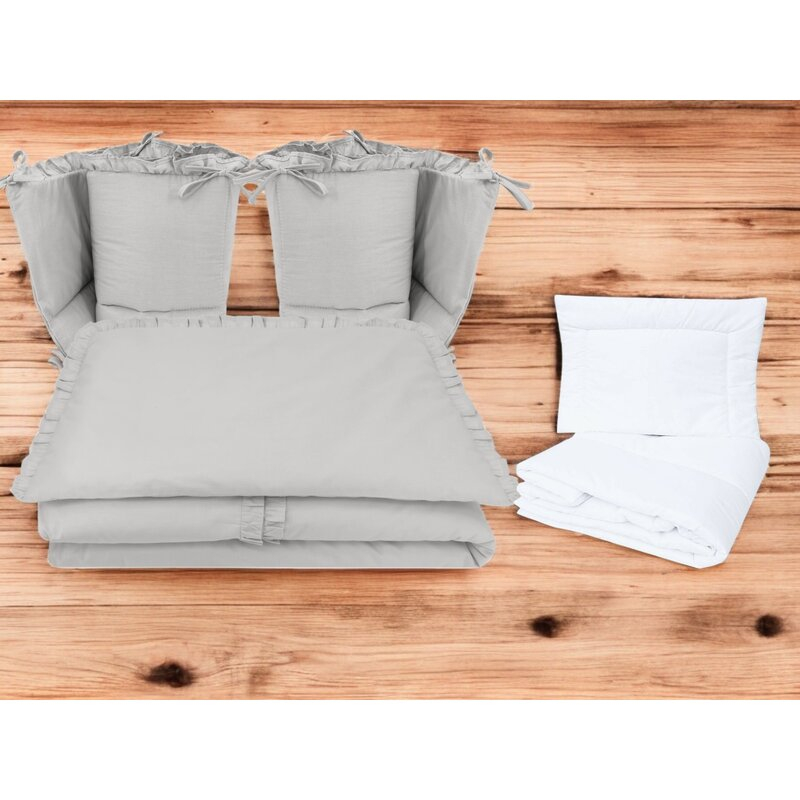 Lenjerie patut cu 6 piese, MimiNu, Pentru patut 120x60 cm, Cu volanase, Cu pilota si perna, Cu doua aparatori laterale, Din bumbac certificat Oeko Tex Standard 100, Colectia Royal, Grey [2]