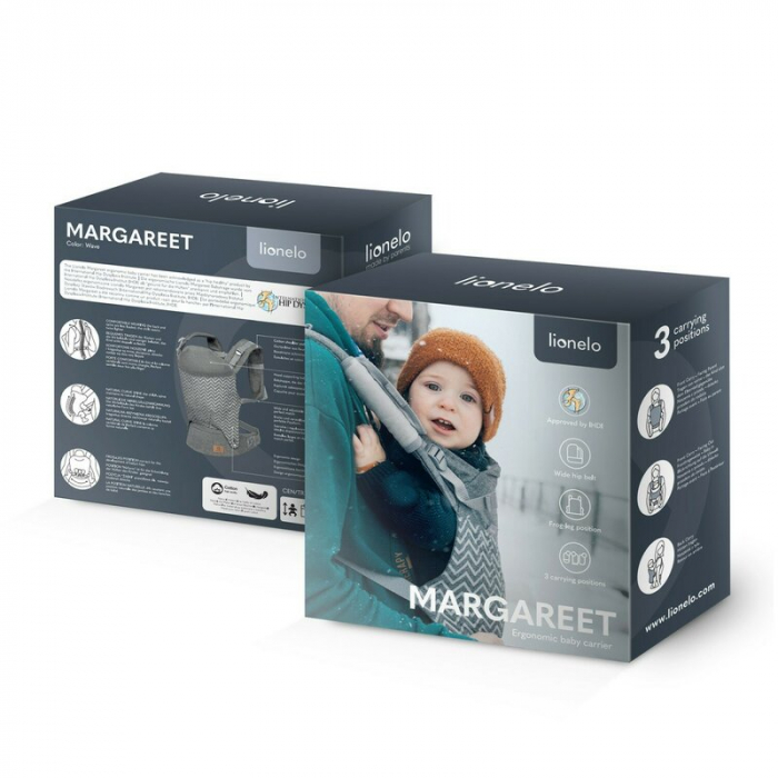 Marsupiu bebe, Lionelo, Margareet, Cu 3 pozitii de transport, Cu gluga, Pana la 20 Kg, Aprobat de Institutul International de Displazie de Sold, Conform cu standardul european de securitate CEN TR 165 [27]