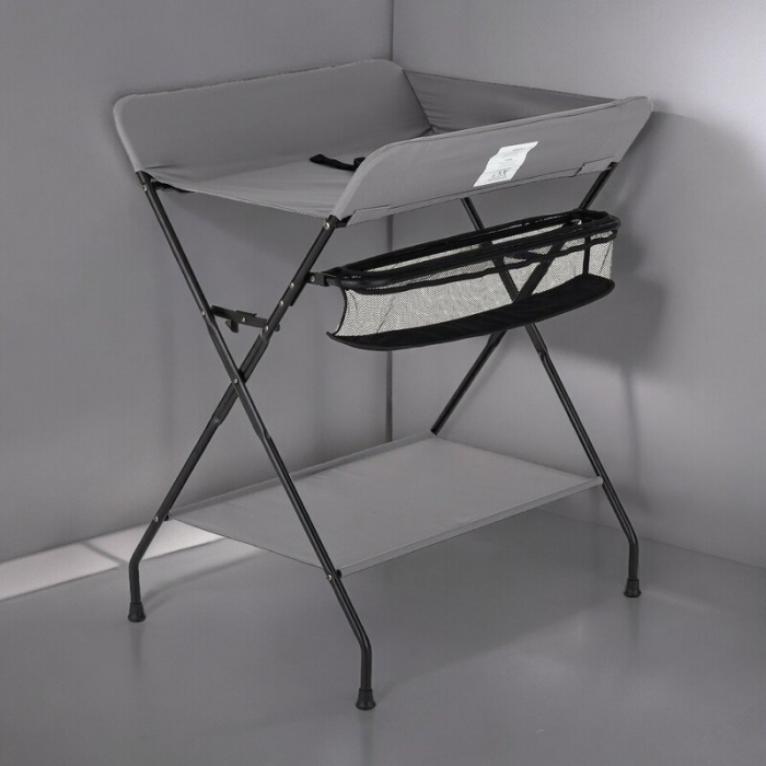 Masuta pentru infasat si schimbat scutece, Feedo, Multifunctionala, Pliabila, Cu raft pentru depozitare si compartiment lateral, Realizata din fier, panza si in, 80.5 x 67 x 102.5 cm, Gri [2]