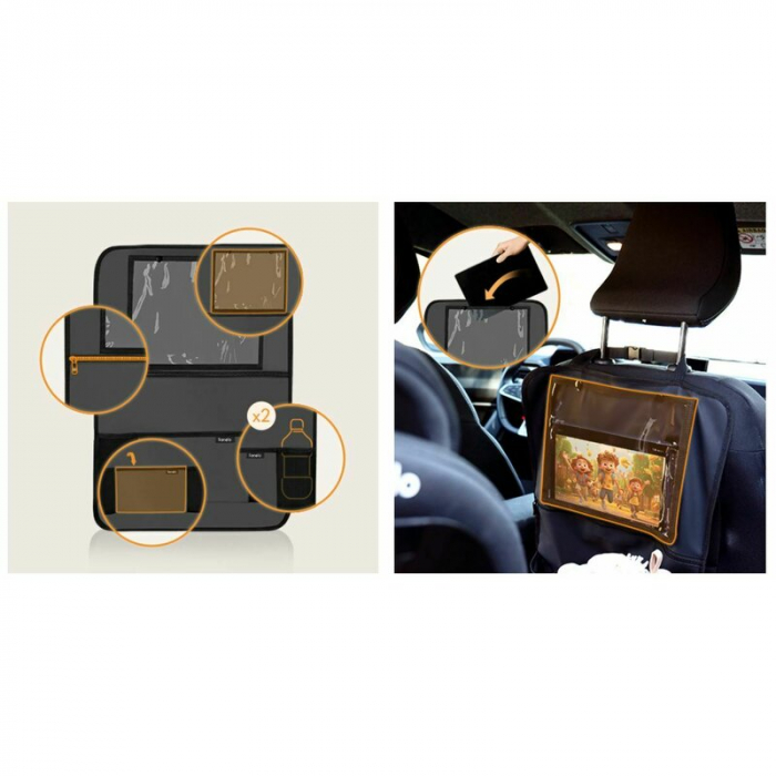 Organizator auto, Lionelo, Cu 5 buzunare de diferite dimensiuni, Cu buzunar pentru tableta, Montare cu clema, Piele ecologica, Impermeabila, Gri [8]