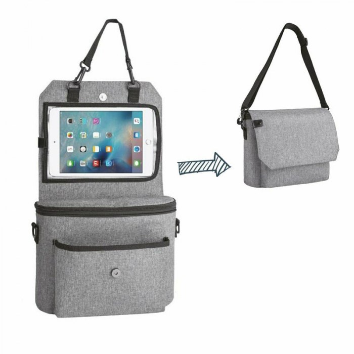 Organizator auto si pentru carucior, FreeON, 3 in 1, Transformabil in gentuta mamici, Cu suport pentru tableta, iPad, Cu buzunare, Grey [1]