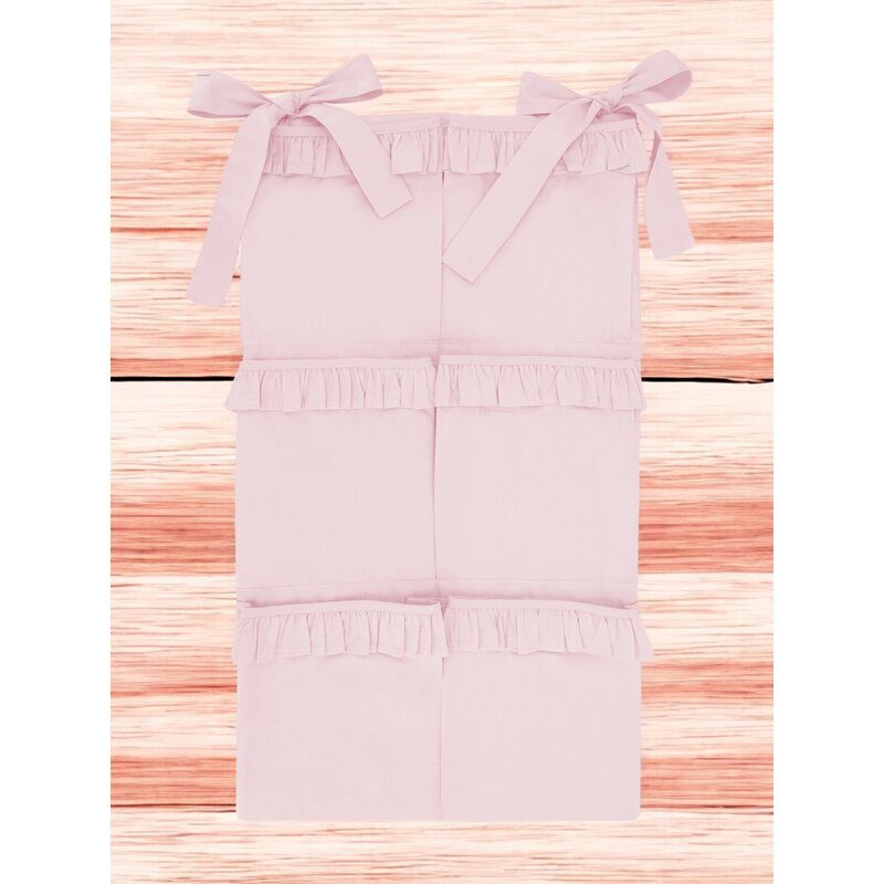 Organizator pentru patut, MimiNu, Din bumbac certificat Oeko Tex Standard 100, Cu 6 compartimente, Doua panglici, 70x40 cm, Cu volanase, Colectia Royal Powder Pink [2]