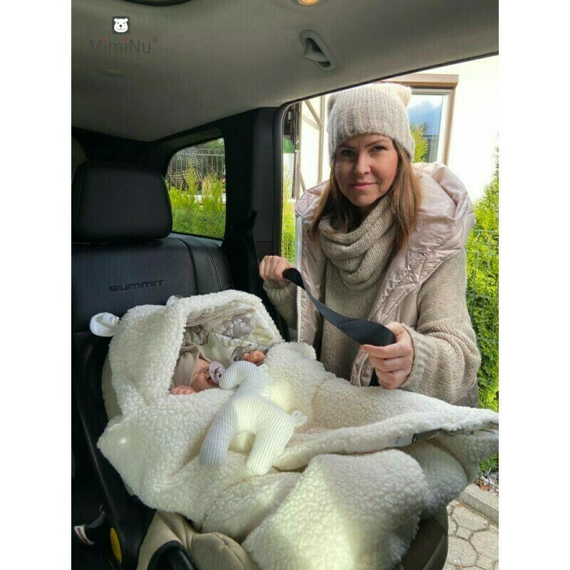 Paturica calduroasa de infasat, MimiNu, Pentru scoica, scaun auto/carucior, Cu gluga si urechi, Cu sistem de prindere pe baza de velcro, Dimensiune 90x90 cm, Din imitatie de lana si bumbac, Certificat [6]