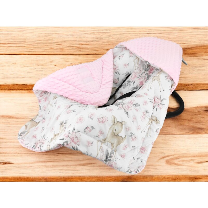 Paturica calduroasa de infasat, MimiNu, Pentru scoica, scaun auto/carucior, Cu gluga si urechi, Cu sistem de prindere pe baza de velcro, Dimensiune 90x90 cm, Din tesatura pufoasa Minky + Bumbac, Mater [2]