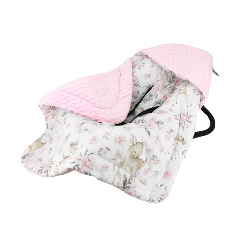 Paturica calduroasa de infasat, MimiNu, Pentru scoica, scaun auto/carucior, Cu gluga si urechi, Cu sistem de prindere pe baza de velcro, Dimensiune 90x90 cm, Din tesatura pufoasa Minky + Bumbac, Mater [1]