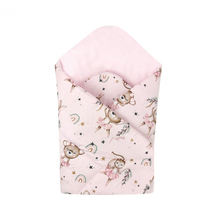 Paturica de infasat, MimiNu, Cu doua fete, Cu multiple utilizari, Cu inchidere arici velcro, Dimensiune 75x75 cm, Din bumbac certificat Oeko Tex Standard 100, Design, Little Ballerina Pink [1]