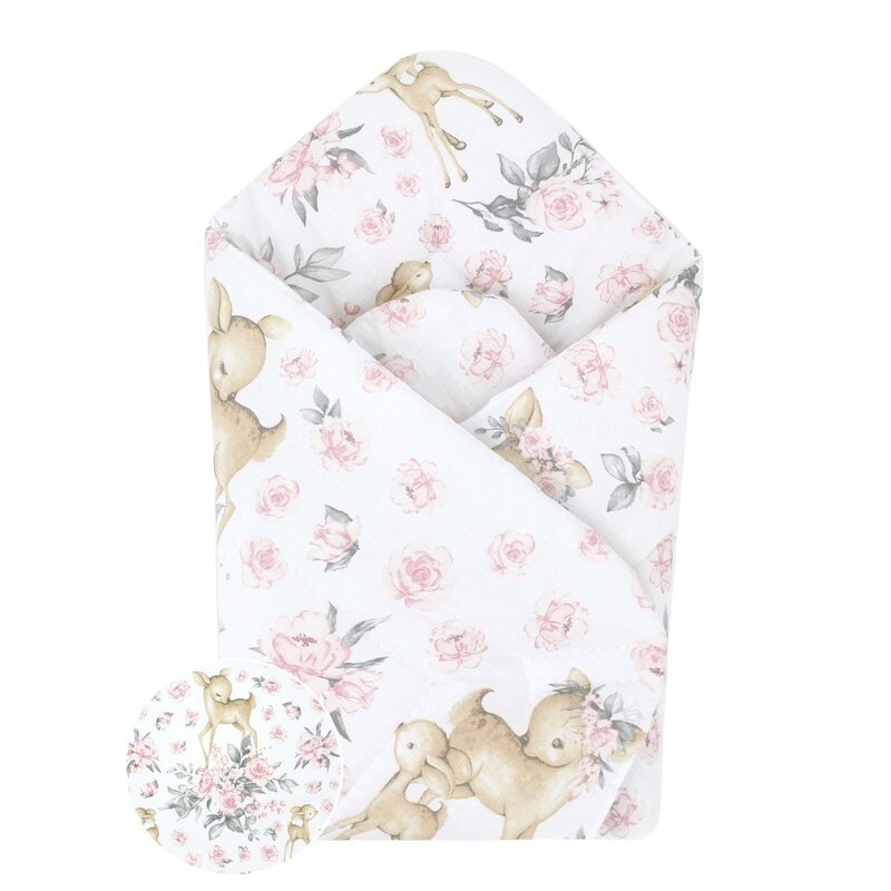 Paturica de infasat, MimiNu, Cu doua fete, Cu multiple utilizari, Cu inchidere arici velcro, Dimensiune 75x75 cm, Din bumbac certificat Oeko Tex Standard 100, Sweet Deer Pink [1]