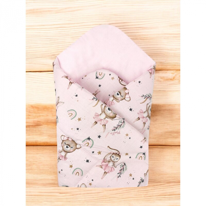 Paturica de infasat, MimiNu, Cu doua fete, Cu multiple utilizari, Cu inchidere arici velcro, Dimensiune 75x75 cm, Din bumbac certificat Oeko Tex Standard 100, Design, Little Ballerina Pink [2]