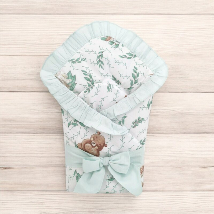 Paturica de infasat, MimiNu, Multifunctionala, Cu volanase, Cu inchidere cu panglica si arici velcro, Dimensiune 75x75 cm, Din bumbac certificat Oeko Tex Standard 100, Lulu Natural/Mint [2]