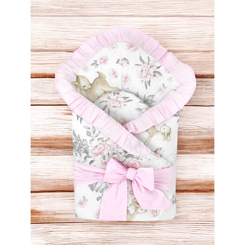 Paturica de infasat, MimiNu, Multifunctionala, Cu volanase, Cu inchidere cu panglica si arici velcro, Dimensiune 75x75 cm, Din bumbac certificat Oeko Tex Standard 100, Sweet Deer Pink/Pink [2]