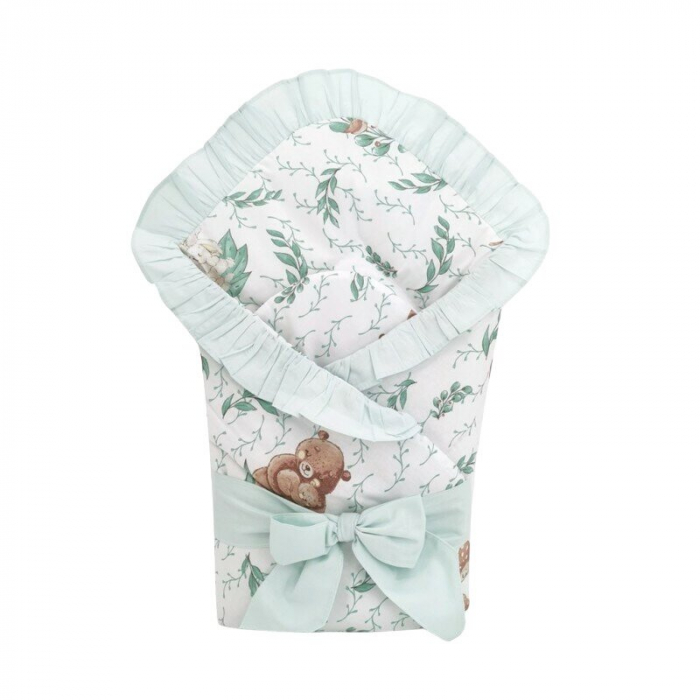 Paturica de infasat, MimiNu, Multifunctionala, Cu volanase, Cu inchidere cu panglica si arici velcro, Dimensiune 75x75 cm, Din bumbac certificat Oeko Tex Standard 100, Lulu Natural/Mint [1]