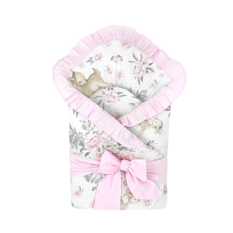Paturica de infasat, MimiNu, Multifunctionala, Cu volanase, Cu inchidere cu panglica si arici velcro, Dimensiune 75x75 cm, Din bumbac certificat Oeko Tex Standard 100, Sweet Deer Pink/Pink [1]