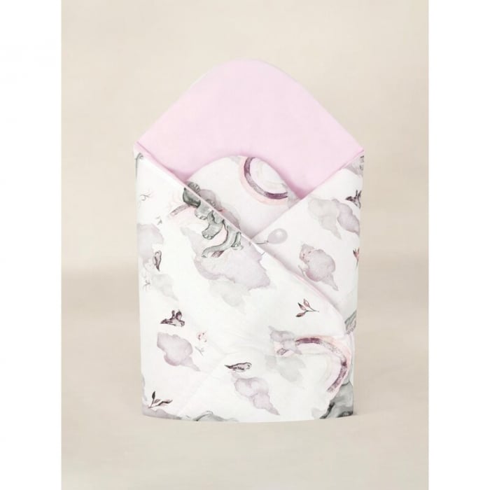 Paturica de infasat, Qmini, Cu doua fete, Cu multiple utilizari, Cu inchidere arici velcro, Dimensiune 75x75 cm, Din bumbac certificat Oeko Tex Standard 100, Elephants on Rainbow Pink [2]