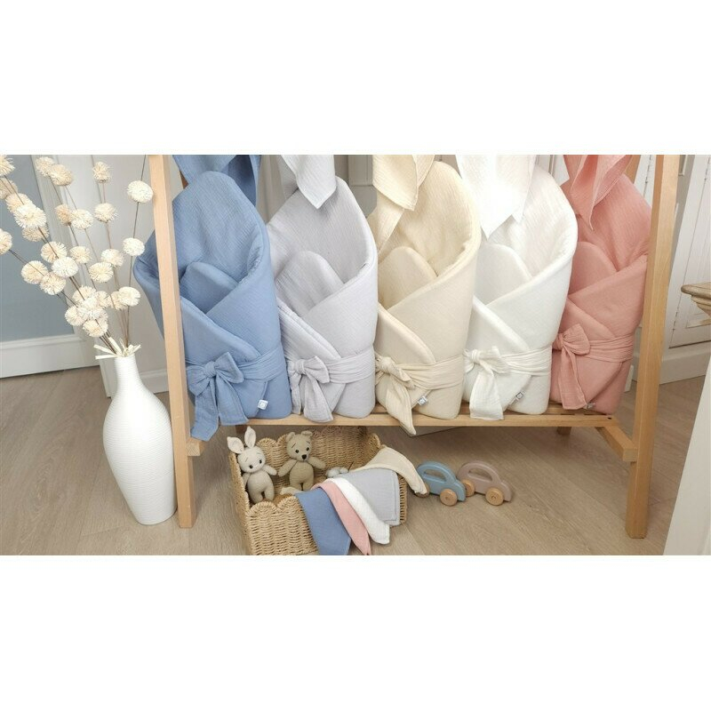Paturica de infasat, Qmini, Din muselina dubla, Cu inchidere cu panglica, Dimensiune 75x75 cm, Din material certificat Oeko Tex Standard 100, Cream [4]