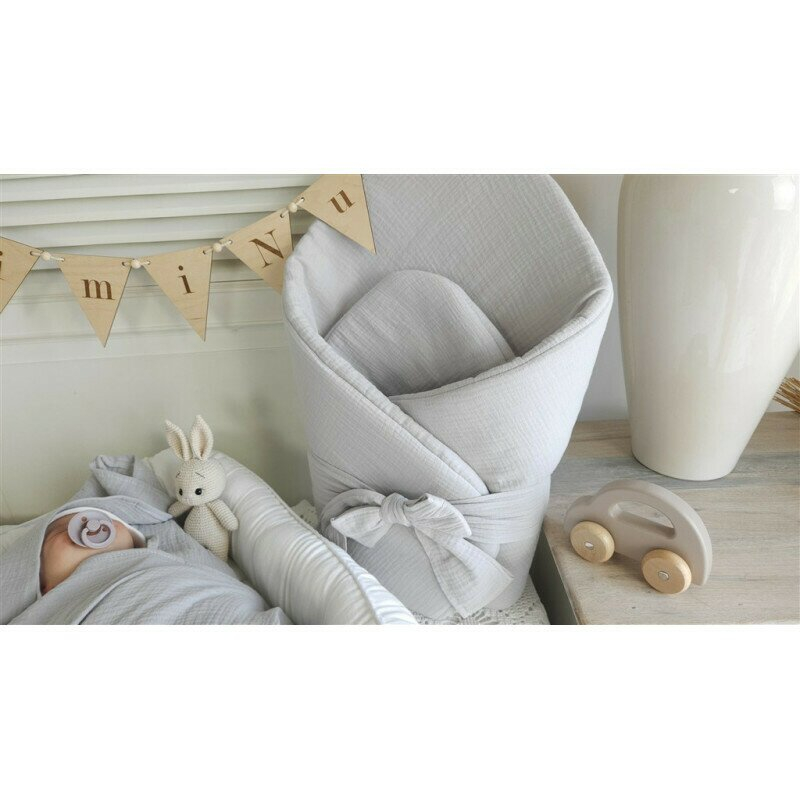 Paturica de infasat, Qmini, Din muselina dubla, Cu inchidere cu panglica, Dimensiune 75x75 cm, Din material certificat Oeko Tex Standard 100, Gray [3]
