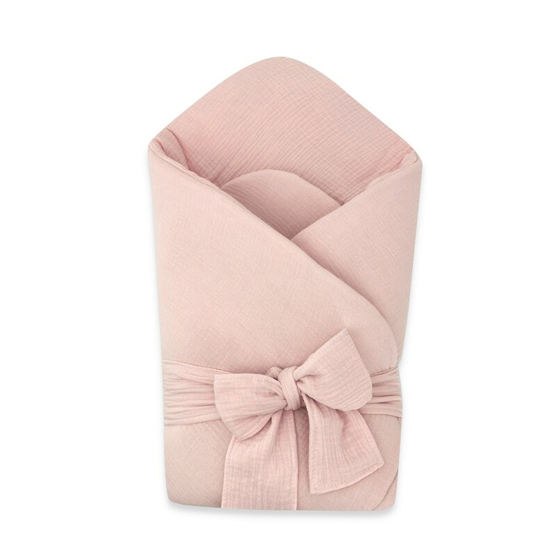Paturica de infasat, Qmini, Din muselina dubla, Cu inchidere cu panglica, Dimensiune 75x75 cm, Din material certificat Oeko Tex Standard 100, Powder Pink [1]