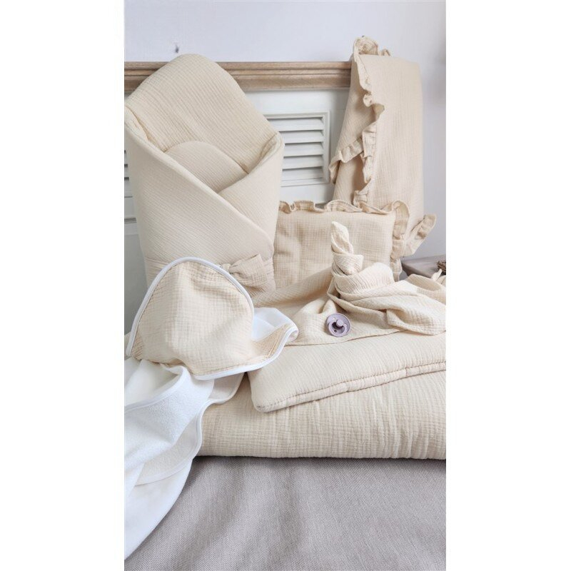 Paturica de infasat, Qmini, Din muselina dubla, Cu inchidere cu panglica, Dimensiune 75x75 cm, Din material certificat Oeko Tex Standard 100, Warm Beige [2]