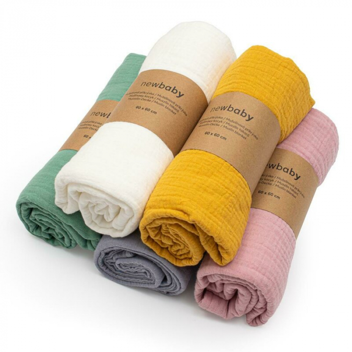 Paturica moale bebe, New Baby, Cu multiple intrebuintari, 60x60 cm, Din muselina, 100% bumbac, Mustard [4]