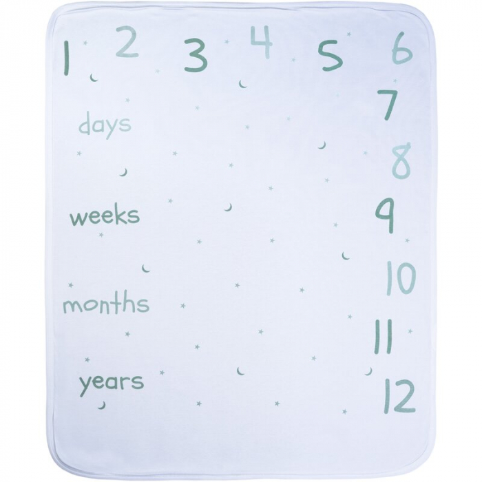 Paturica moale, Bubaba, My first year, Din bumbac, 70x90 cm, Pentru momente memorabile, Imprimeu cu luni, saptamani si zile, 0 luni+, Mint/White [1]