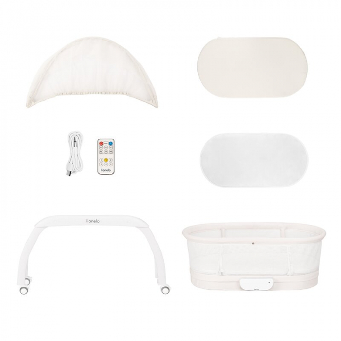 Patut balansoar, Lionelo, Coral, Cu landou ergonomic detasabil, Functie de balansare integrata, Functie de cantar, Sunete si cantece de leagan, Cu roti, Panou tactil sau telecomanda, 0-9 kg, EN 1130:2 [10]
