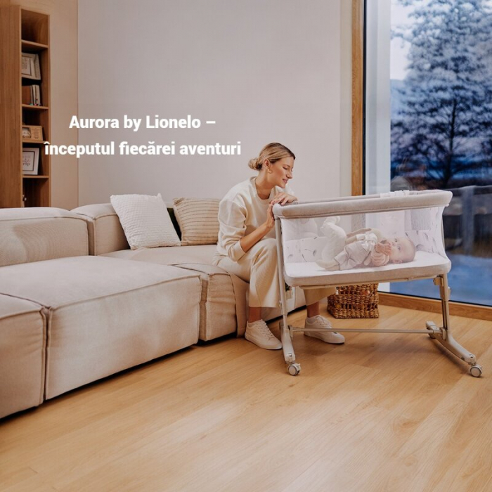 Patut co-sleeper, Lionelo, Aurora, 3 in 1, Cu leganare si setare unghiulara, Include saltea cu densitate T25 si geanta transport, Reglabil in 5 pozitii, Pana la 9 kg, 0 luni+, 85x60x66 cm, Certificari [33]