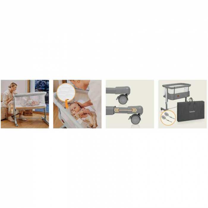Patut co-sleeper, Lionelo, Aurora, 3 in 1, Cu leganare si setare unghiulara, Include saltea cu densitate T25 si geanta transport, Reglabil in 5 pozitii pe inaltime, Pana la 9 kg, 0 luni+, 85x60x66 cm, [45]