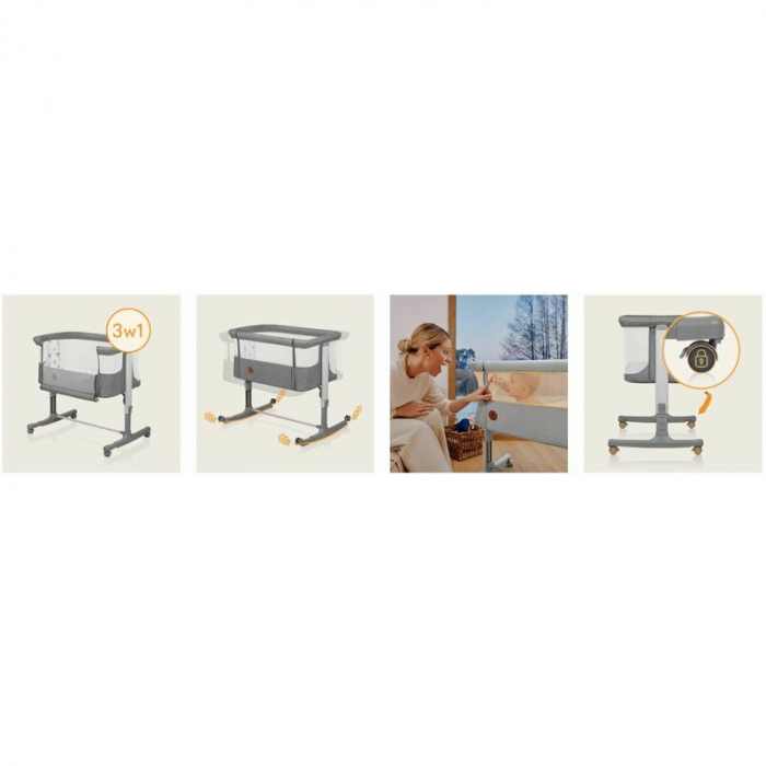 Patut co-sleeper, Lionelo, Aurora, 3 in 1, Cu leganare si setare unghiulara, Include saltea cu densitate T25 si geanta transport, Reglabil in 5 pozitii pe inaltime, Pana la 9 kg, 0 luni+, 85x60x66 cm, [46]