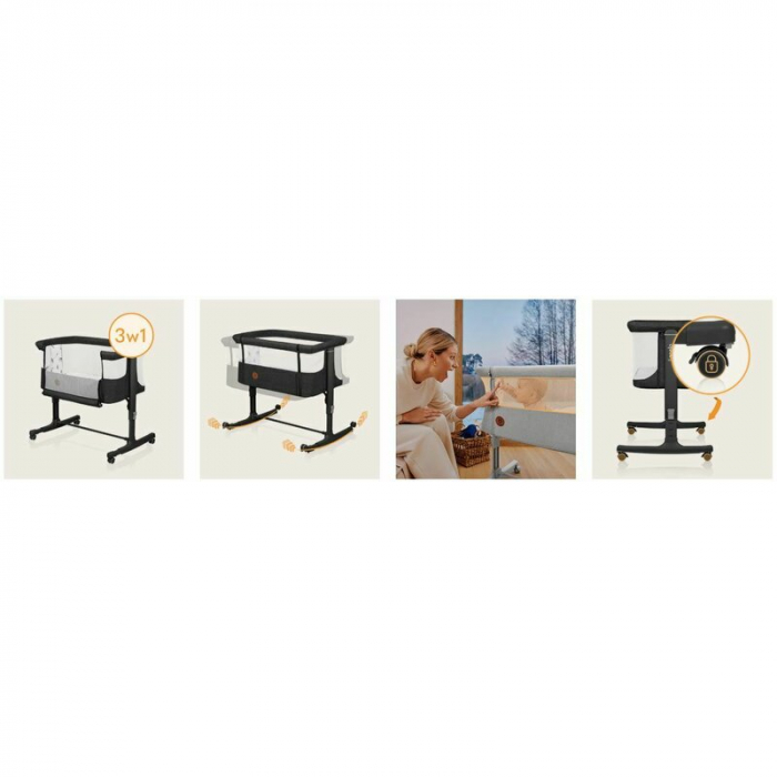 Patut co-sleeper, Lionelo, Aurora, 3 in 1, Cu leganare si setare unghiulara, Include saltea cu densitate T25 si geanta transport, Reglabil in 5 pozitii pe inaltime, Pana la 9 kg, 0 luni+, Conform cu E [48]