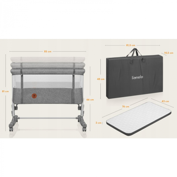 Patut co-sleeper, Lionelo, Aurora, 3 in 1, Cu leganare si setare unghiulara, Include saltea cu densitate T25 si geanta transport, Reglabil in 5 pozitii pe inaltime, Pana la 9 kg, 0 luni+, 85x60x66 cm, [44]