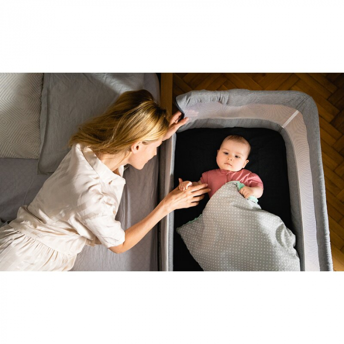 Patut co-sleeper, Lionelo, Leonie, Cu sistem de leganare, Cu setare unghiulara, Reglabil in 5 pozitii pe inaltime, Conform cu standardele europeane de securitate EN1130 si EN16890, Grey Stone [27]