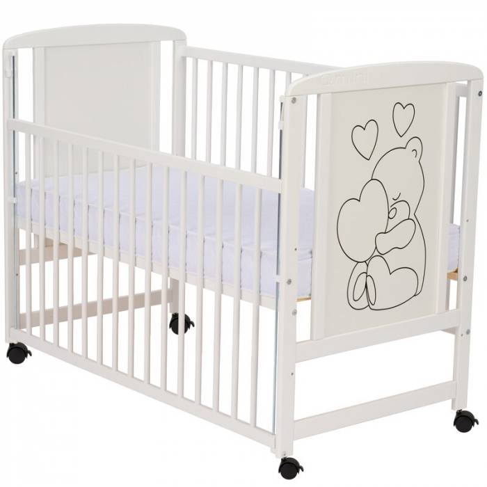 Patut din lemn, 120x60 cm, Cu laterala culisanta, Din lemn de pin si mdf, Stabil si rezistent, Inaltime saltea reglabila pe 3 nivele, Laterala cu 3 bete detasabile, EN716-1, EN716-2, Alb, Qmini, Timmi [9]