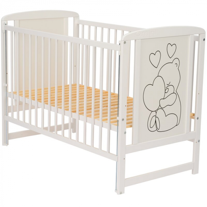 Patut din lemn, 120x60 cm, Cu laterala culisanta, Din lemn de pin si mdf, Stabil si rezistent, Inaltime saltea reglabila pe 3 nivele, Laterala cu 3 bete detasabile, EN716-1, EN716-2, Alb, Qmini, Timmi [15]