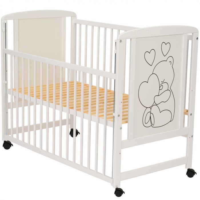 Patut din lemn, 120x60 cm, Cu laterala culisanta, Din lemn de pin si mdf, Stabil si rezistent, Inaltime saltea reglabila pe 3 nivele, Laterala cu 3 bete detasabile, EN716-1, EN716-2, Alb, Qmini, Timmi [17]
