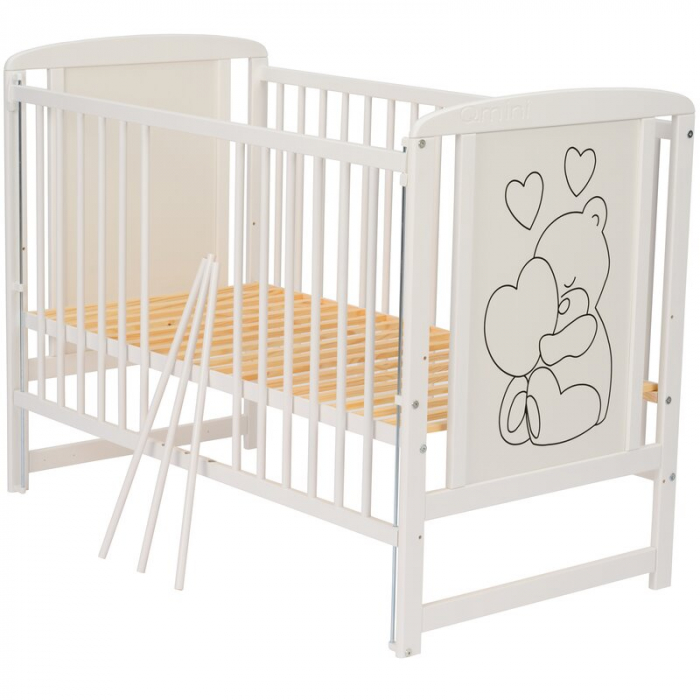 Patut din lemn, 120x60 cm, Cu laterala culisanta, Din lemn de pin si mdf, Stabil si rezistent, Inaltime saltea reglabila pe 3 nivele, Laterala cu 3 bete detasabile, EN716-1, EN716-2, Alb, Qmini, Timmi [16]