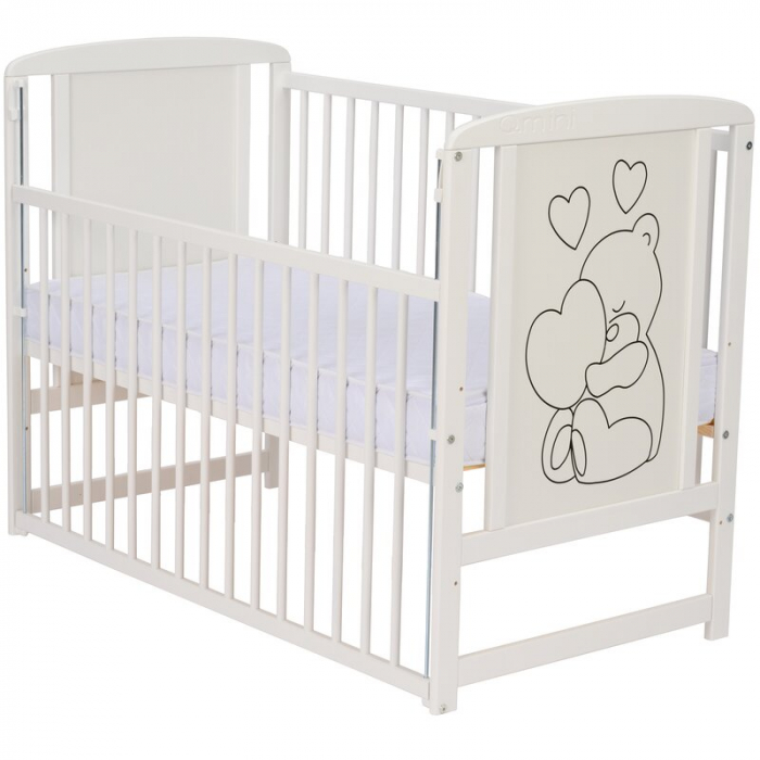 Patut din lemn, 120x60 cm, Cu laterala culisanta, Din lemn de pin si mdf, Stabil si rezistent, Inaltime saltea reglabila pe 3 nivele, Laterala cu 3 bete detasabile, EN716-1, EN716-2, Alb, Qmini, Timmi [10]