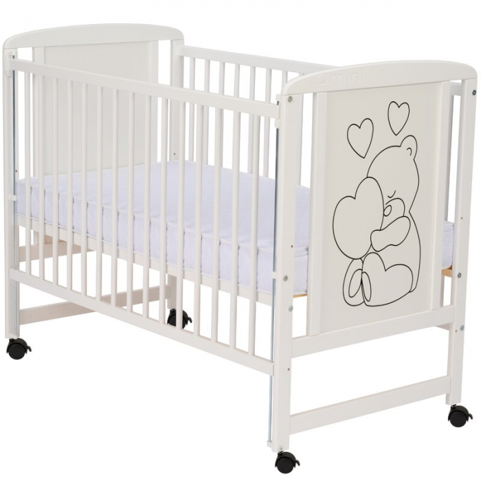 Patut din lemn, 120x60 cm, Cu laterala culisanta, Din lemn de pin si mdf, Stabil si rezistent, Inaltime saltea reglabila pe 3 nivele, Laterala cu 3 bete detasabile, EN716-1, EN716-2, Alb, Qmini, Timmi [12]