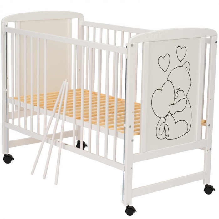 Patut din lemn, 120x60 cm, Cu laterala culisanta, Din lemn de pin si mdf, Stabil si rezistent, Inaltime saltea reglabila pe 3 nivele, Laterala cu 3 bete detasabile, EN716-1, EN716-2, Alb, Qmini, Timmi [19]