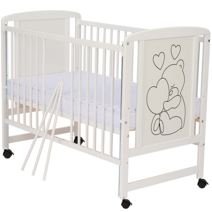 Patut din lemn, 120x60 cm, Cu laterala culisanta, Din lemn de pin si mdf, Stabil si rezistent, Inaltime saltea reglabila pe 3 nivele, Laterala cu 3 bete detasabile, EN716-1, EN716-2, Alb, Qmini, Timmi [5]