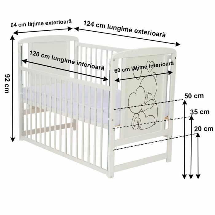 Patut din lemn, 120x60 cm, Cu laterala culisanta, Din lemn de pin si mdf, Stabil si rezistent, Inaltime saltea reglabila pe 3 nivele, Laterala cu 3 bete detasabile, EN716-1, EN716-2, Alb, Qmini, Timmi [6]