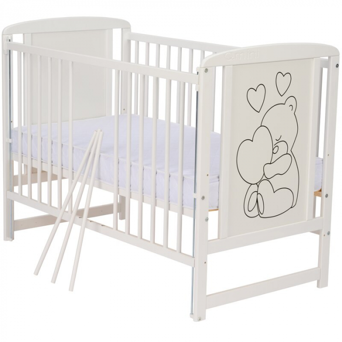 Patut din lemn, 120x60 cm, Cu laterala culisanta, Din lemn de pin si mdf, Stabil si rezistent, Inaltime saltea reglabila pe 3 nivele, Laterala cu 3 bete detasabile, EN716-1, EN716-2, Alb, Qmini, Timmi [11]