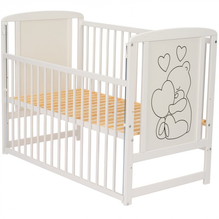 Patut din lemn, 120x60 cm, Cu laterala culisanta, Din lemn de pin si mdf, Stabil si rezistent, Inaltime saltea reglabila pe 3 nivele, Laterala cu 3 bete detasabile, EN716-1, EN716-2, Alb, Qmini, Timmi [18]
