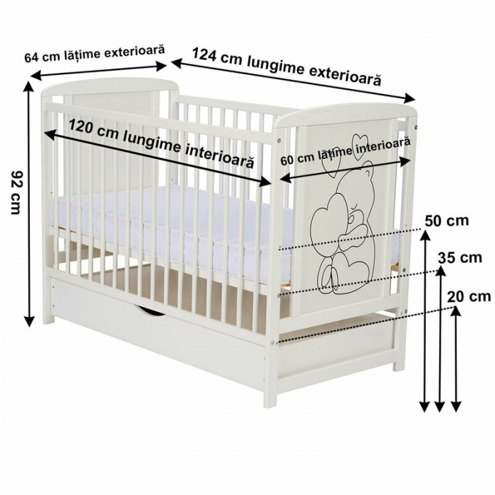 Patut din lemn, 120x60 cm, Cu sertar, Din lemn de pin si mdf, Stabil si rezistent, Inaltime saltea reglabila pe 3 nivele, Laterala cu 3 bete detasabile, EN716-1, EN716-2, Alb, Qmini, Timmi Heart + Sal [4]