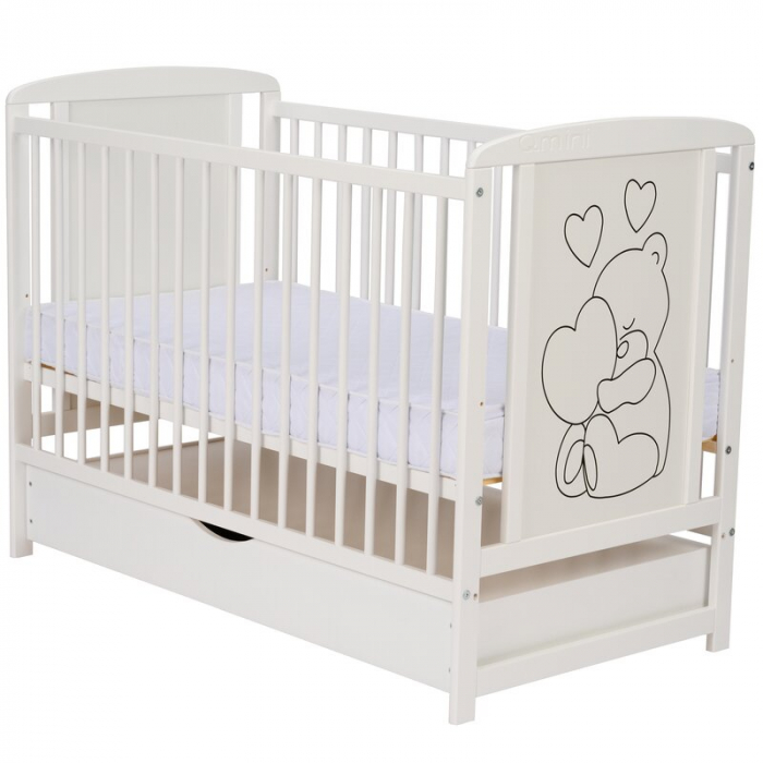 Patut din lemn, 120x60 cm, Cu sertar, Din lemn de pin si mdf, Stabil si rezistent, Inaltime saltea reglabila pe 3 nivele, Laterala cu 3 bete detasabile, EN716-1, EN716-2, Alb, Qmini, Timmi Heart + Sal [7]