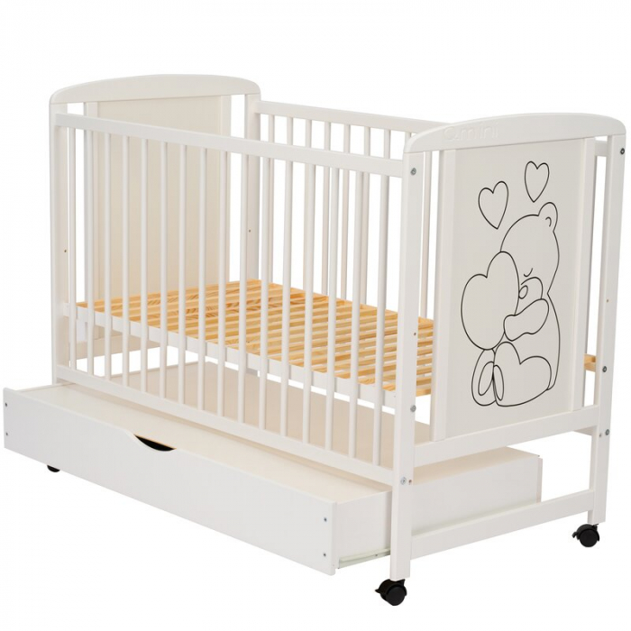 Patut din lemn, 120x60 cm, Cu sertar, Din lemn de pin si mdf, Stabil si rezistent, Inaltime saltea reglabila pe 3 nivele, Laterala cu 3 bete detasabile, EN716-1, EN716-2, Alb, Qmini, Timmi Heart + Sal [14]