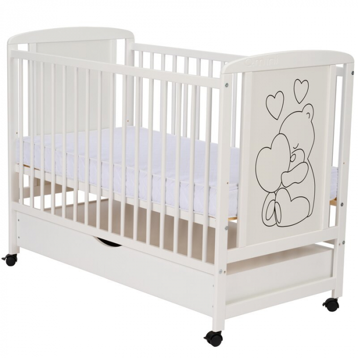 Patut din lemn, 120x60 cm, Cu sertar, Din lemn de pin si mdf, Stabil si rezistent, Inaltime saltea reglabila pe 3 nivele, Laterala cu 3 bete detasabile, EN716-1, EN716-2, Alb, Qmini, Timmi Heart + Sal [11]