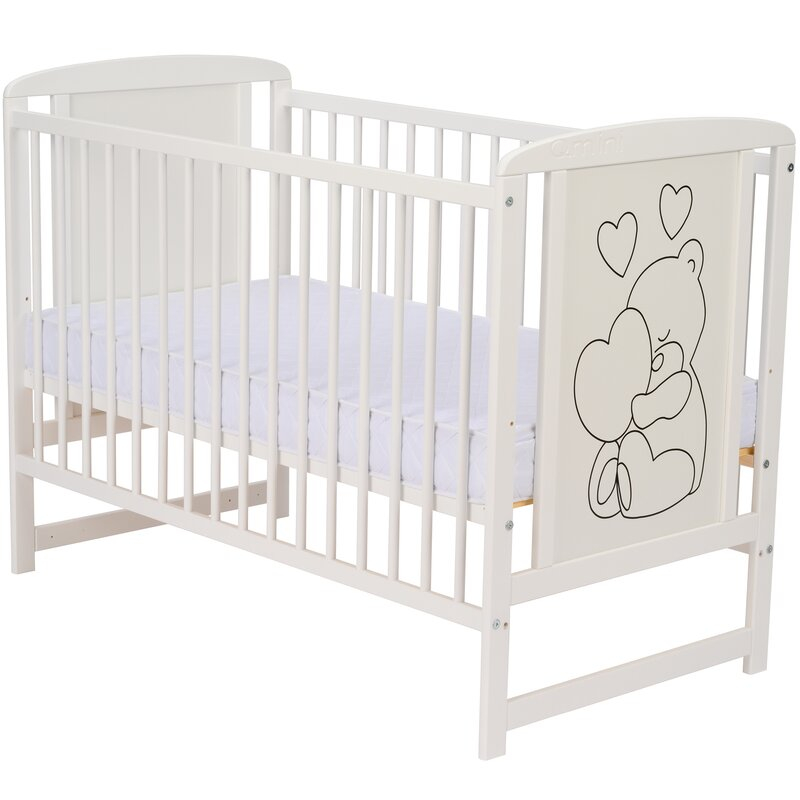 Patut din lemn, 120x60 cm, Din lemn de pin si mdf, Stabil si rezistent, Inaltime saltea reglabila pe 3 nivele, Laterala cu 3 bete detasabile, EN716-1, EN716-2, Alb, Qmini, Timmi Heart + Saltea 8 cm [9]