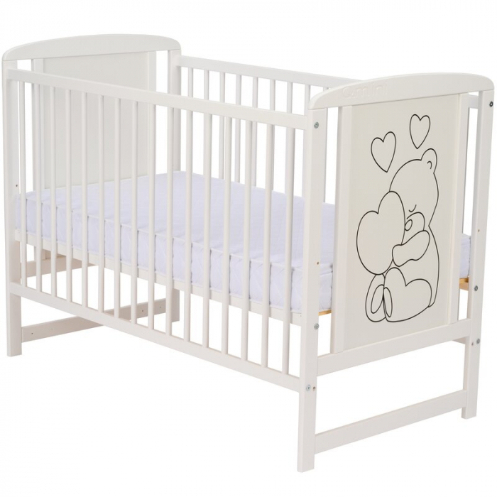 Patut din lemn, 120x60 cm, Din lemn de pin si mdf, Stabil si rezistent, Inaltime saltea reglabila pe 3 nivele, Laterala cu 3 bete detasabile, EN716-1, EN716-2, Alb, Qmini, Timmi Heart + Saltea 12 cm [9]