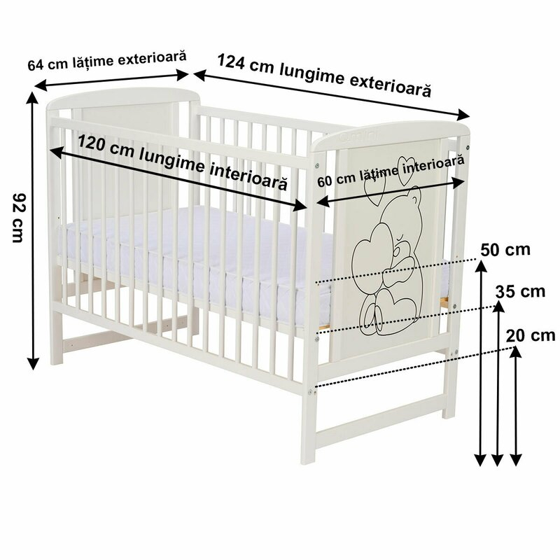 Patut din lemn, 120x60 cm, Din lemn de pin si mdf, Stabil si rezistent, Inaltime saltea reglabila pe 3 nivele, Laterala cu 3 bete detasabile, EN716-1, EN716-2, Alb, Qmini, Timmi Heart + Saltea 8 cm [6]