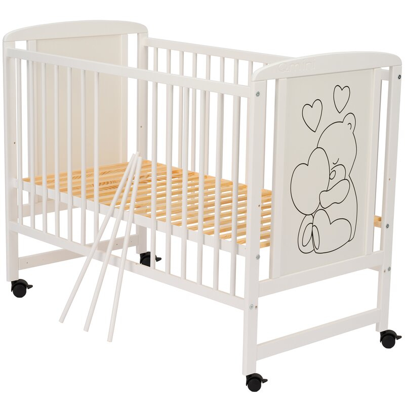 Patut din lemn, 120x60 cm, Din lemn de pin si mdf, Stabil si rezistent, Inaltime saltea reglabila pe 3 nivele, Laterala cu 3 bete detasabile, EN716-1, EN716-2, Alb, Qmini, Timmi Heart + Saltea 8 cm [13]